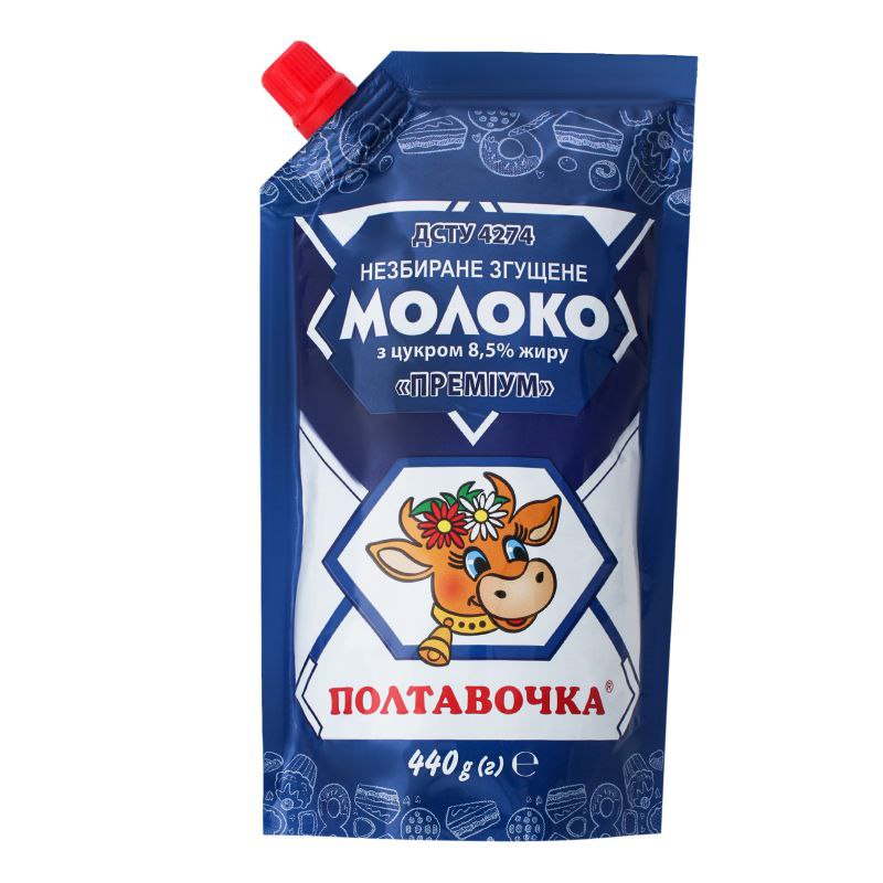 Молоко незбиране згущене з цукром Полтавочка Преміум 8,5% дой-пак 440г